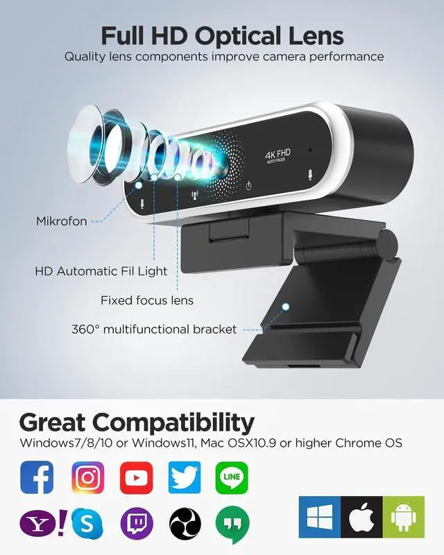 Alt view image 7 of 7 - Webcam 4K with Microphone and Webcam Cover Plug and Play with Auto Light Correction for Laptop PC Desktop for Live Streaming Video Call Conference Online Lessons Game