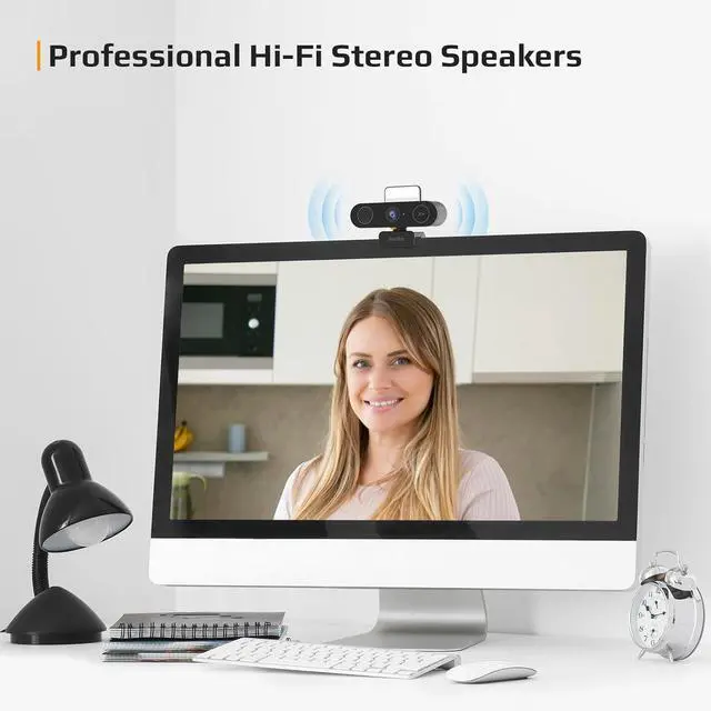 Alt view image 4 of 7 - 5-in-1 Design 4K Webcam with Speaker and Microphone, Built-in Light, Privacy Cover, AI Auto-Framing Cam, Computer USB C Web Camera for PC, Desktop, Laptop, Mac, Streaming, Video Conference