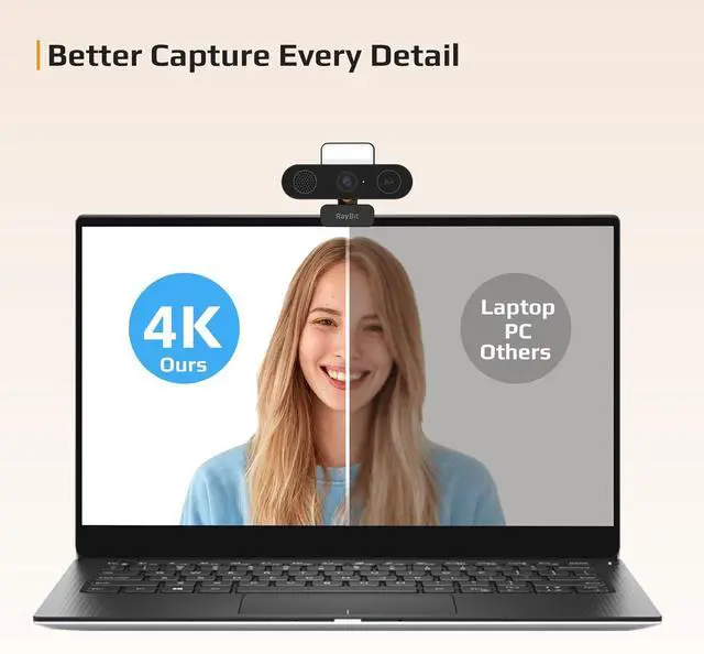 Alt view image 5 of 7 - 5-in-1 Design 4K Webcam with Speaker and Microphone, Built-in Light, Privacy Cover, AI Auto-Framing Cam, Computer USB C Web Camera for PC, Desktop, Laptop, Mac, Streaming, Video Conference