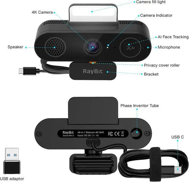 Alt view image 7 of 7 - 5-in-1 Design 4K Webcam with Speaker and Microphone, Built-in Light, Privacy Cover, AI Auto-Framing Cam, Computer USB C Web Camera for PC, Desktop, Laptop, Mac, Streaming, Video Conference