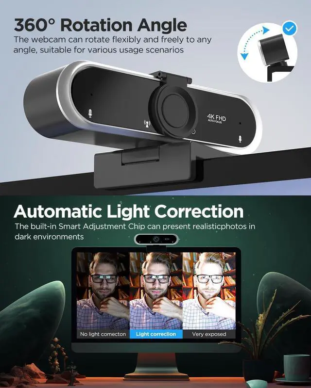 Alt view image 5 of 7 - Webcam 4K with Microphone and Webcam Cover Plug and Play with Auto Light Correction for Laptop PC Desktop for Live Streaming Video Call Conference Online Lessons Game
