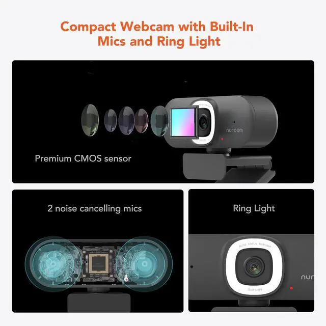 Alt view image 2 of 7 - NUROUM V15AFL 2K Webcam with Ring Light for Streaming, Autofocus Webcam for PC w/Noise Cancelling Dual Mics, 1080P 60fps, 75° FOV&Lightweight, USB Web Camera Plug&Play for Zoom/Teams/OBS/Xsplit, Grey