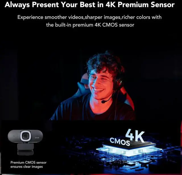 Alt view image 3 of 7 - NUROUM 4K Webcam with Light for PC, Adjustable FOV, Premium CMOS Autofocus AI Auto-Framing, Noise Canceling Mics, Web Camera for PC/Laptop/Mac, for Streaming/Video Calling w/OBS/Twitch/Zoom/Teams