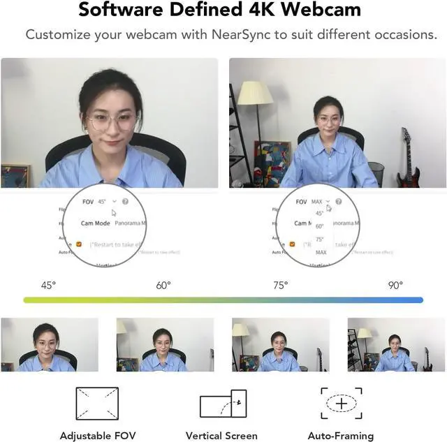 Alt view image 5 of 7 - NUROUM 4K Webcam with Light for PC, Adjustable FOV, Premium CMOS Autofocus AI Auto-Framing, Noise Canceling Mics, Web Camera for PC/Laptop/Mac, for Streaming/Video Calling w/OBS/Twitch/Zoom/Teams
