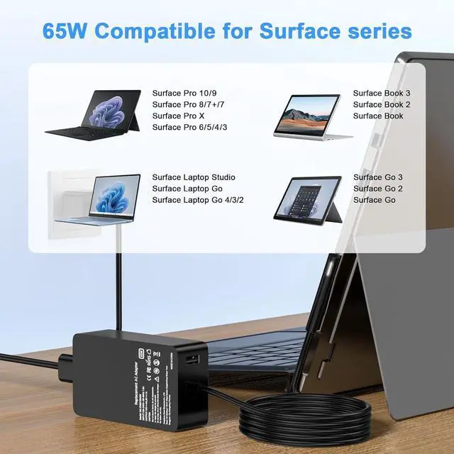Alt view image 3 of 7 - 65W Surface Pro Charger Compatible with Surface Pro 9 8 3 7 6 5 4 X Microsoft Surface Charger Windows Surface Laptop Charger 1 2 3 4 with 5V 1A USB Charging Port LED 65W 44W 36W Power Supply Cord