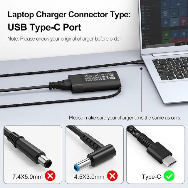 Alt view image 2 of 7 - New Slim 65W USB C Laptop Charger for HP Spectre X360,Envy X360,Chromebook,Elite X2,EliteBook X360,HP Spectre/EliteBook/Envy/ZBook/Chromebook Type C AC Adapter Travel Power Cord