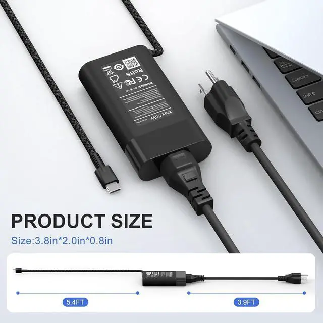 Alt view image 3 of 7 - New Slim 65W USB C Laptop Charger for HP Spectre X360,Envy X360,Chromebook,Elite X2,EliteBook X360,HP Spectre/EliteBook/Envy/ZBook/Chromebook Type C AC Adapter Travel Power Cord
