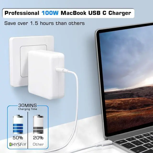 Alt view image 2 of 7 - 100W Mac Book Pro Charger,USB C Super Fast Charger Replacement for Mac Book Pro 16,15,14,13 Inch,iPad Pro 2022/2021/2020/2019/2018,Mac Book Air 13 Inch,Included 5.9ft USB C to C Cable