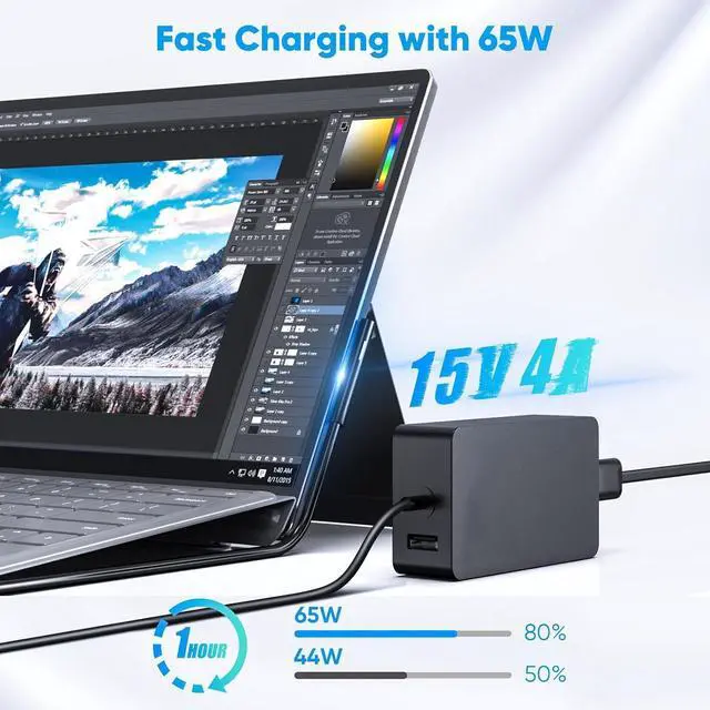 Alt view image 2 of 7 - 65W Surface Pro Charger for Microsoft Surface Pro 9, 8, 7+, 7, 6, 5, 4, 3, X, Windows Surface Laptop 5, 4, 3, 2, 1, Surface Go Tablet, Surface Book 3, 2, 1, Support 44W, 36W
