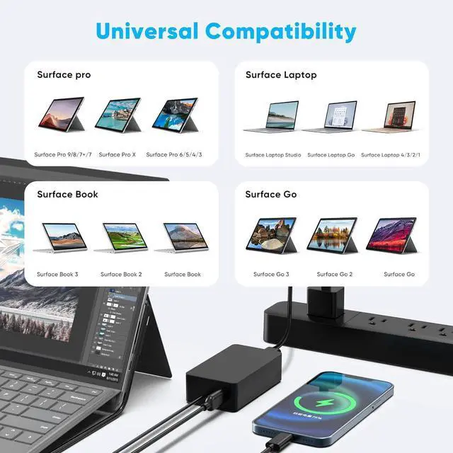 Alt view image 3 of 7 - 65W Surface Pro Charger for Microsoft Surface Pro 9, 8, 7+, 7, 6, 5, 4, 3, X, Windows Surface Laptop 5, 4, 3, 2, 1, Surface Go Tablet, Surface Book 3, 2, 1, Support 44W, 36W