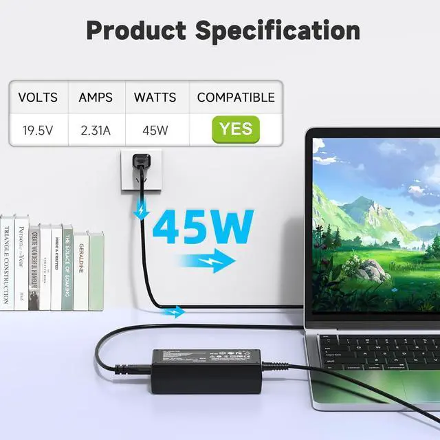Alt view image 2 of 7 - 45W 19.5V 2.31A Laptop Charger Replacement for HP Stream 11 13 14; Pavilion x360; NoteBook; Probook; EliteBook; Chromebook; Zbook 14u 15u; Spectre X360 Series Smart Blue Tip 4.5mm Power Supply Cord