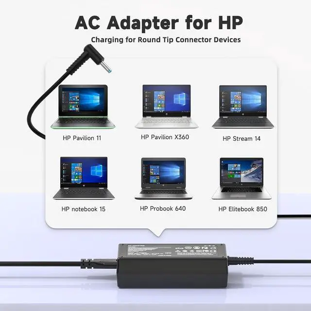 Alt view image 3 of 7 - 45W 19.5V 2.31A Laptop Charger Replacement for HP Stream 11 13 14; Pavilion x360; NoteBook; Probook; EliteBook; Chromebook; Zbook 14u 15u; Spectre X360 Series Smart Blue Tip 4.5mm Power Supply Cord