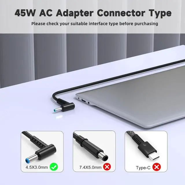 Alt view image 4 of 7 - 45W 19.5V 2.31A Laptop Charger Replacement for HP Stream 11 13 14; Pavilion x360; NoteBook; Probook; EliteBook; Chromebook; Zbook 14u 15u; Spectre X360 Series Smart Blue Tip 4.5mm Power Supply Cord