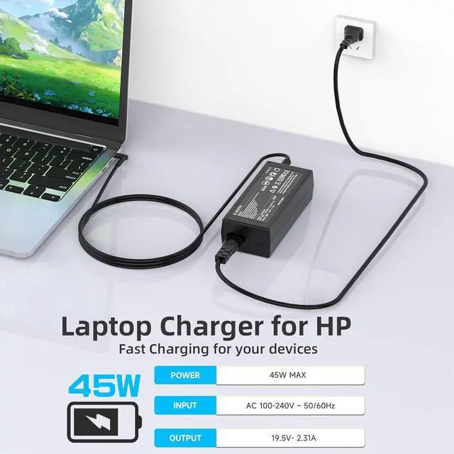 Alt view image 5 of 7 - 45W 19.5V 2.31A Laptop Charger Replacement for HP Stream 11 13 14; Pavilion x360; NoteBook; Probook; EliteBook; Chromebook; Zbook 14u 15u; Spectre X360 Series Smart Blue Tip 4.5mm Power Supply Cord