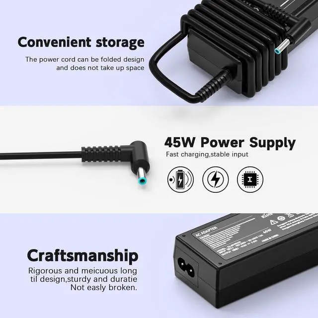 Alt view image 6 of 7 - 45W 19.5V 2.31A Laptop Charger Replacement for HP Stream 11 13 14; Pavilion x360; NoteBook; Probook; EliteBook; Chromebook; Zbook 14u 15u; Spectre X360 Series Smart Blue Tip 4.5mm Power Supply Cord