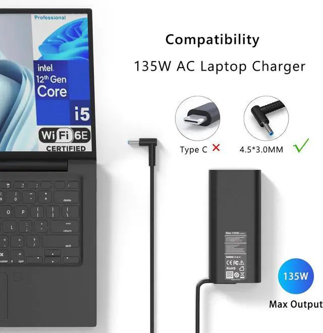 Alt view image 2 of 7 - 135W Laptop Charger Compatible with HP Spectre X360 Charger 15t-df100 15-df000 16t-f10 16 2-in-1 for HP OMEN Pavilion Gaming 15 17 ec0013dx 15-ec0751ms ZBook 15 G5 G6 G7 TPN-DA11 Power Cord