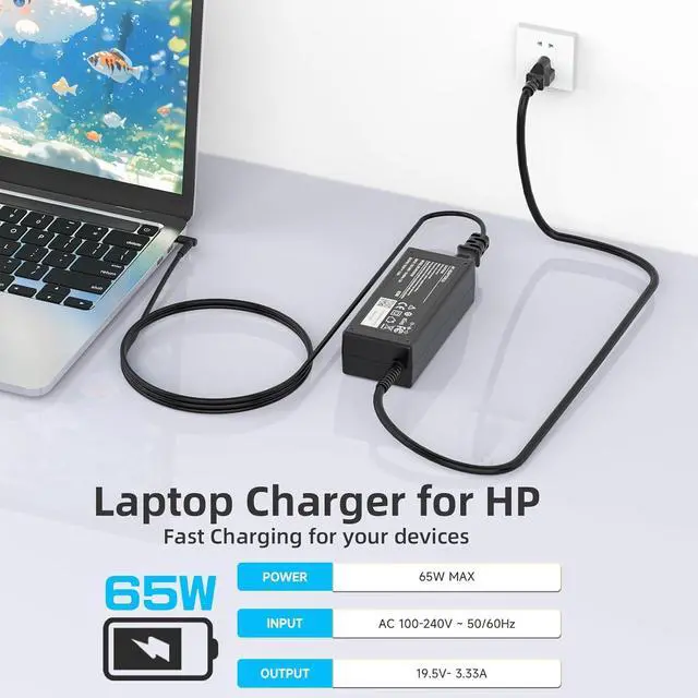 Alt view image 5 of 7 - 65W Laptop Charger for HP EliteBook 820 830 840 845 850 855 1020 1030 1040 G9 G8 G7 G6 G5 G4 G3 Laptop AC Adapter Power Cord 19.5V