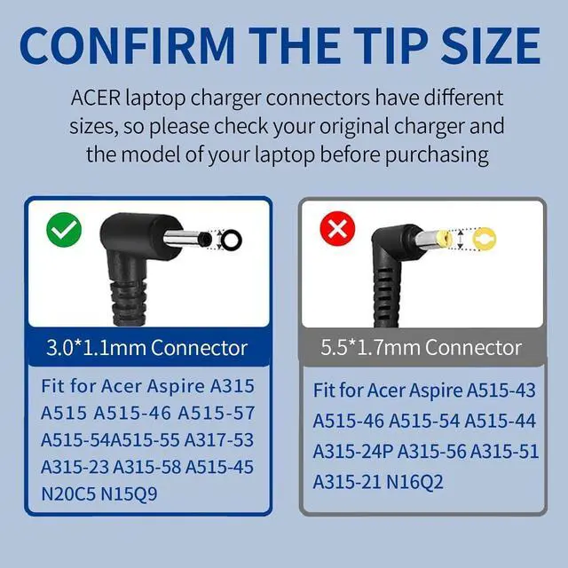 Alt view image 2 of 6 - 65W AC Adapter Charger for Acer Aspire 3 Aspire 5 Series A315 A317-53 A515-46 A515-57 A515-54 A515-55 A515-55 A515-56 R5-571TG Power Supply Cord