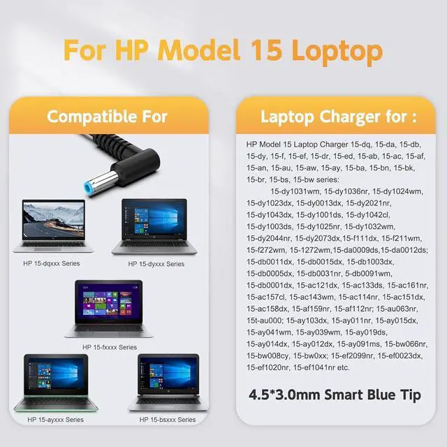 Alt view image 3 of 7 - 65W 45W Laptop Charger for HP Model 15: 15-dy 15-dq 15-da 15-db 15-dw 15-f 15-ef 15-ab 15-ac 15-af 15-an 15-au 15-aw 15-ay 15-ba 15-bn 15-bk 15-br 15-bs 15-bw Series Power Supply