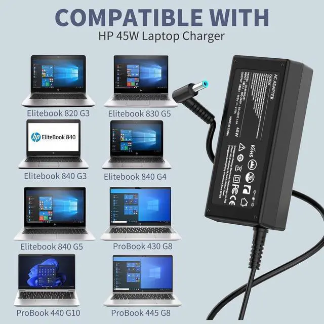 Alt view image 3 of 7 - 45W 19.5V 2.31A Laptop Charger for HP EliteBook Charger 850 840 830 820 755 745 735 725 G3 G4, Folio 1040 G1 G2 G3; ProBook 650 645 640 470 455 450 445 440 430 G4 G5 AC Adapter Power Supply