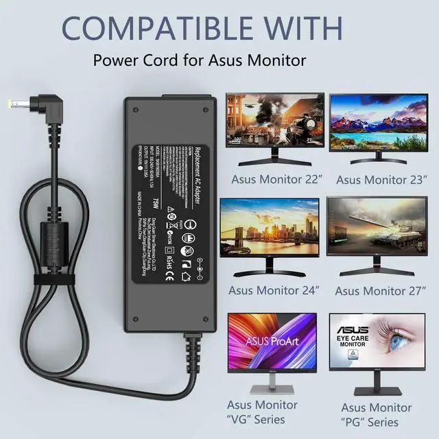 Alt view image 3 of 7 - 19V Power Supply for Asus Monitor 27 24 23 22 inch VX238H, VX238H-W, VX228, VX228H, VX248, VX248H, MX279H, VX239H, VX279H, VX229H, MX239H, LS246H, LS248H, VG278Q, VG279Q Gaming Monitor Power Cord