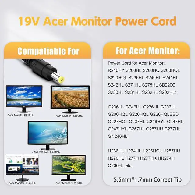Alt view image 3 of 7 - 19V Power Cord for Acer Monitor S202HL S271HL SB220Q R240HY R221Q R271 S220HQL S230HL S231HL S232HL S240HL S241HL; H226HQL H236HL H276HL G226HQL G236HL G246HL GN246HL Monitor Power Supply 65W
