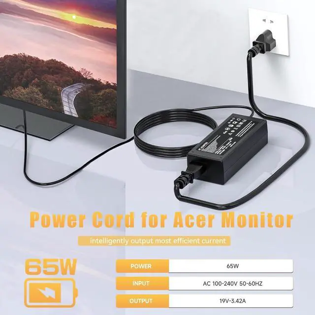 Alt view image 4 of 7 - 19V Power Cord for Acer Monitor S202HL S271HL SB220Q R240HY R221Q R271 S220HQL S230HL S231HL S232HL S240HL S241HL; H226HQL H236HL H276HL G226HQL G236HL G246HL GN246HL Monitor Power Supply 65W