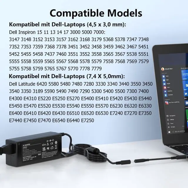 Alt view image 7 of 7 - 65W Adapter Laptop Charger Replacement for Dell Latitude E5440 E5470 7480 E6540 E7440 E7450 E7250 E6440 E6430 7490 7290 5490 5590 5290 LA65NM130 HA65NM130 Power Supply Cord Plug