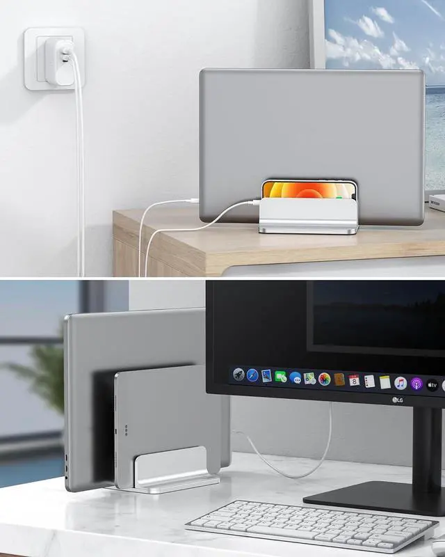 Alt view image 6 of 7 - [Updated Dock Version Vertical Laptop Stand Double Desktop Stand Holder with Adjustable Dock (Up to 17.3 inch) Fits All MacBook/Surface//HP//Chrome Book (Silver)