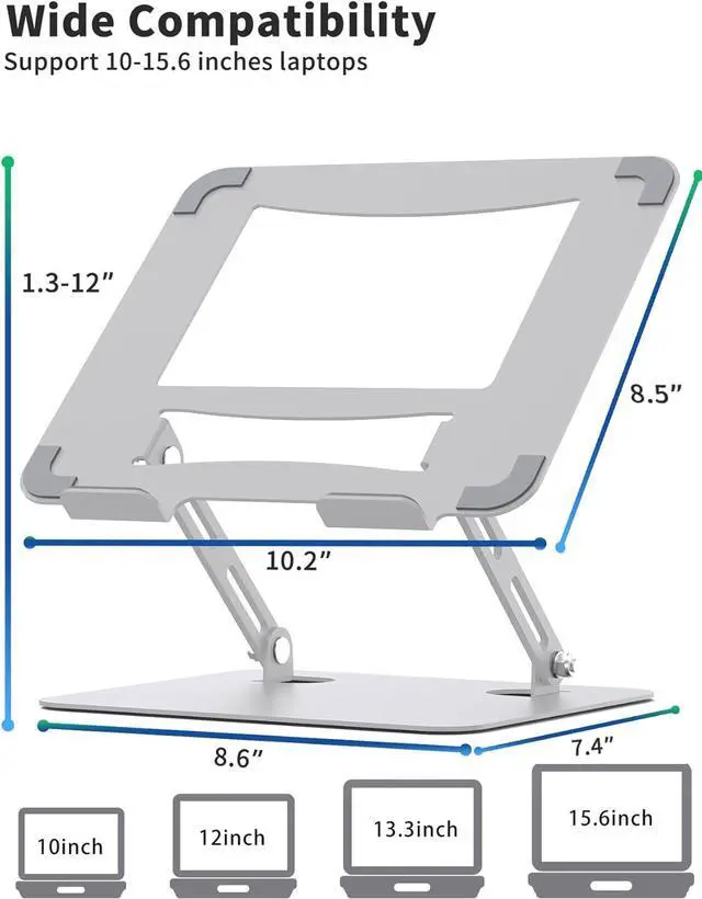Alt view image 6 of 7 - SOUNDANCE Laptop Stand for Desk with Stable Heavy Base, Adjustable Height Multi-Angle, Ergonomic Metal Riser Holder, Foldable Mount Elevator, Compatible with 10 to 15.6 Inches PC Computer, Silver