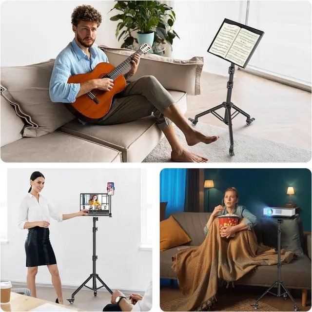 Alt view image 2 of 7 - Black Projector Floor Stand with Wheels - Adjustable Height 29 to 44 Inches, Ideal for Office & Home, Portable Laptop Stand
