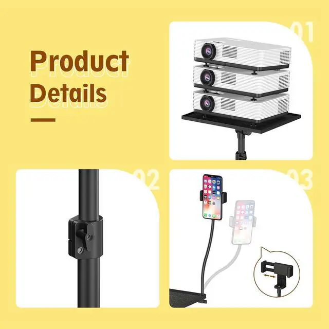 Alt view image 4 of 7 - Black Projector Floor Stand with Wheels - Adjustable Height 29 to 44 Inches, Ideal for Office & Home, Portable Laptop Stand