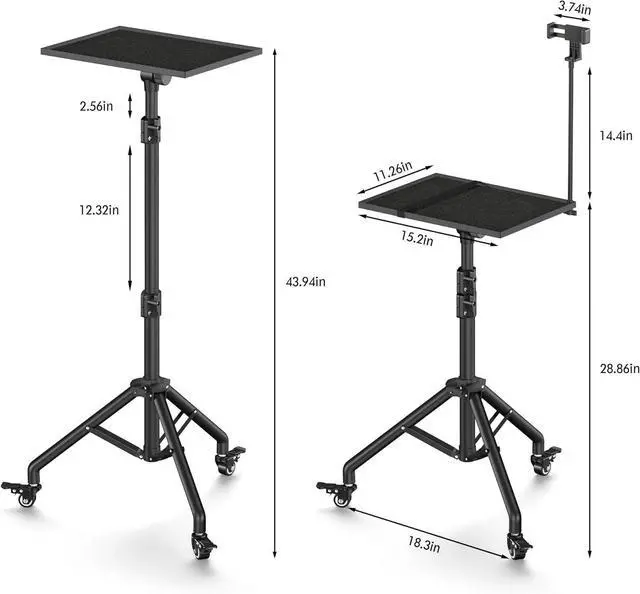 Alt view image 5 of 7 - Black Projector Floor Stand with Wheels - Adjustable Height 29 to 44 Inches, Ideal for Office & Home, Portable Laptop Stand