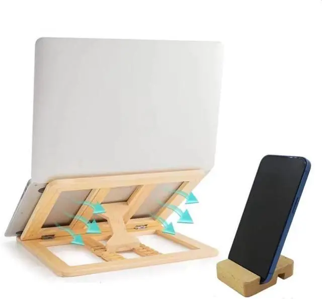 Main image of Wooden Laptop Stand for Desk with Free Phone Holder, Foldable and Adjustable Ergonomic Laptop Riser for 10-15.6 Inch Notebooks, Portable MacBook Stand (Natural Wood, Universal Fit)