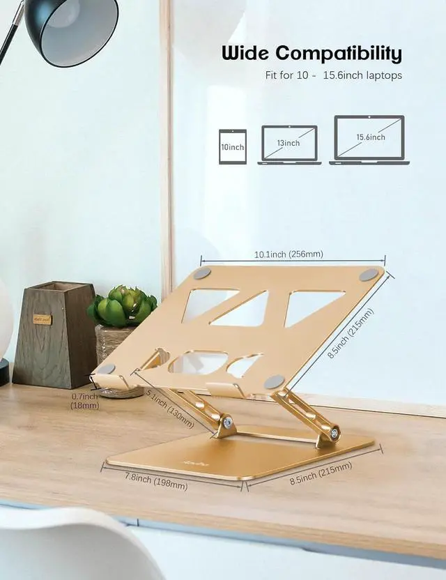 Alt view image 5 of 7 - Adjustable Laptop Stand for Desk,Portable Laptop Stand Holder and Riser,Foldable Aluminum Notebook Computer Stands for MacBook Air Pro HP Lenovo Dell Samsung Chromebook, 10-15.6 inch, Gold