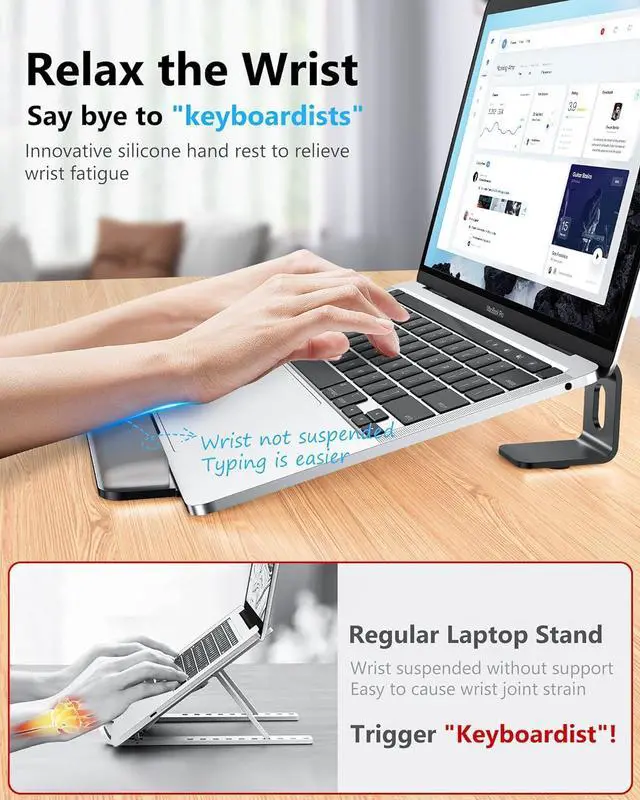 Alt view image 2 of 6 - NTMY Laptop Stand for Desk with Wrist Support, Aluminum Computer Stand for Laptop,Ventilated Ergonomic Holder Mount Riser for MacBook Air/HP/Dell/Acer/Lenovo 10-17.3'' (Black)