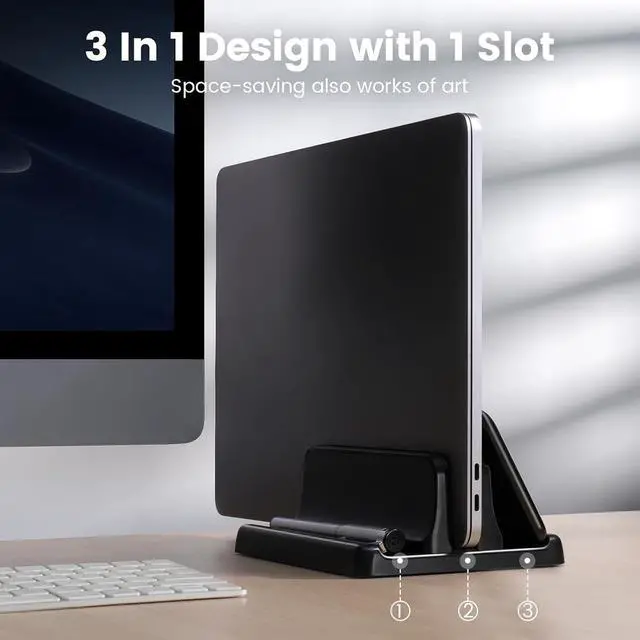 Alt view image 2 of 7 - 3 in 1 Vertical Laptop Stand Holder,Adjustable ABS Plastic Desktop Notebook Dock,Vertical Laptop Stand Space-Saving for All MacBook/Surface/Samsung/HP/Dell/Chrome Book