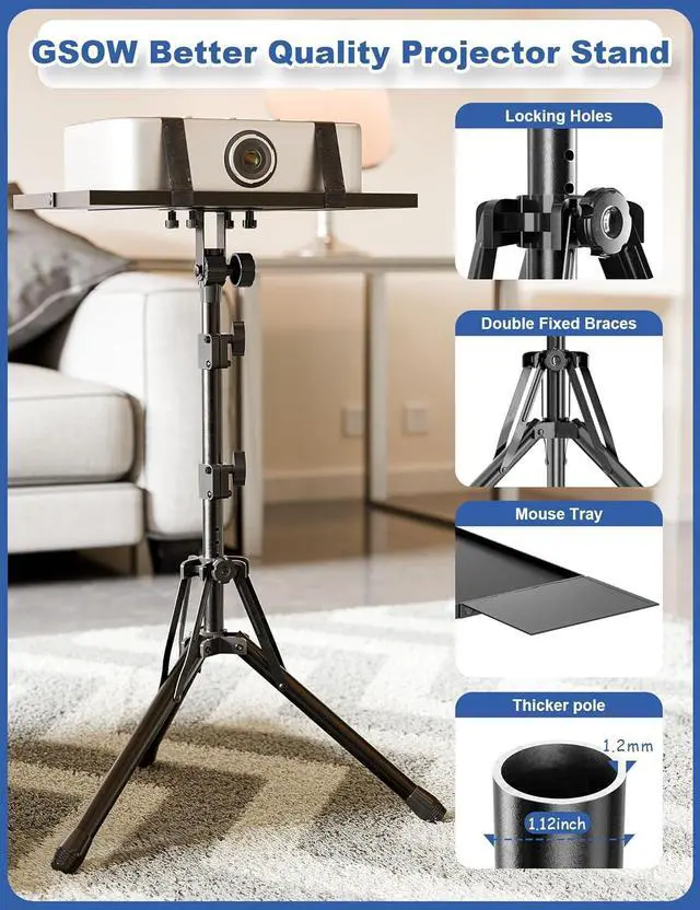 Alt view image 4 of 7 - Projector Stand Tripod, Adjustable Height 26 to 56 Inch Laptop Tripod, Laptop Stand with Mouse Tray, Foldable Tripod for Projector with Carry Bag, Portable Podium Stand for Office, Home, Stage, DJ