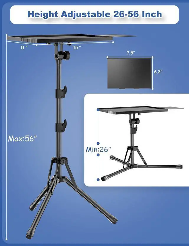 Alt view image 5 of 7 - Projector Stand Tripod, Adjustable Height 26 to 56 Inch Laptop Tripod, Laptop Stand with Mouse Tray, Foldable Tripod for Projector with Carry Bag, Portable Podium Stand for Office, Home, Stage, DJ