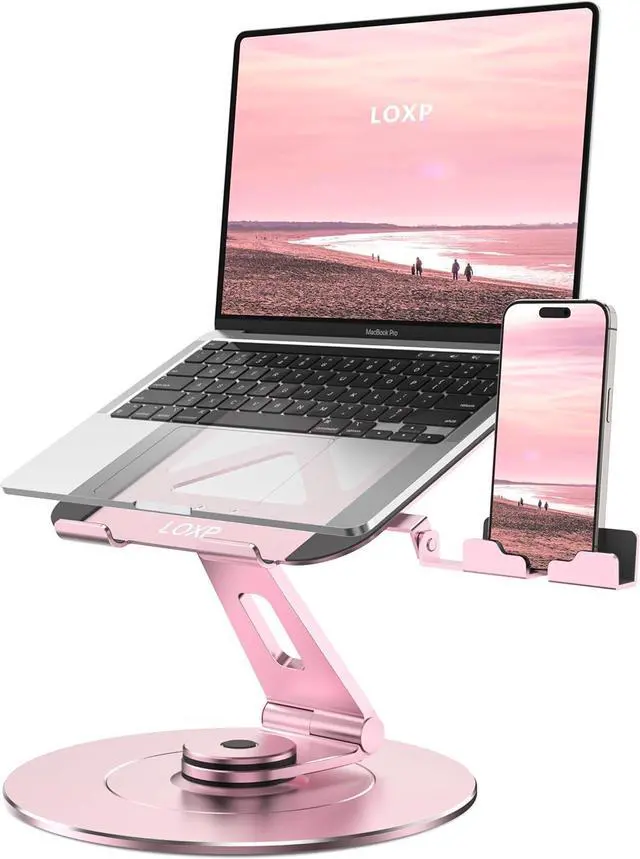 Main image of Ultra-Stable Aluminumy Swivel Laptop Stand for Desk with Rotating Foldable Phone Holder, 300% Larger Base, Stylish Computer Stand for Women, Men Office, Fits 10-17.3" Laptops, Pink
