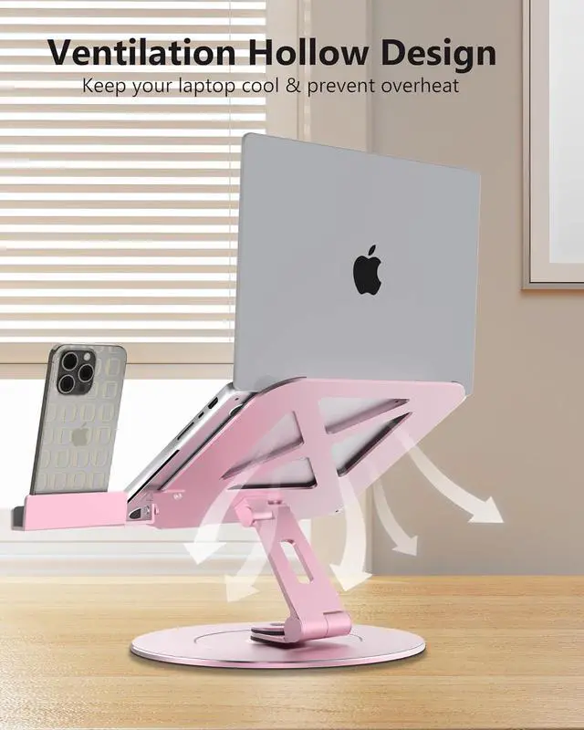 Alt view image 3 of 4 - Ultra-Stable Aluminumy Swivel Laptop Stand for Desk with Rotating Foldable Phone Holder, 300% Larger Base, Stylish Computer Stand for Women, Men Office, Fits 10-17.3" Laptops, Pink