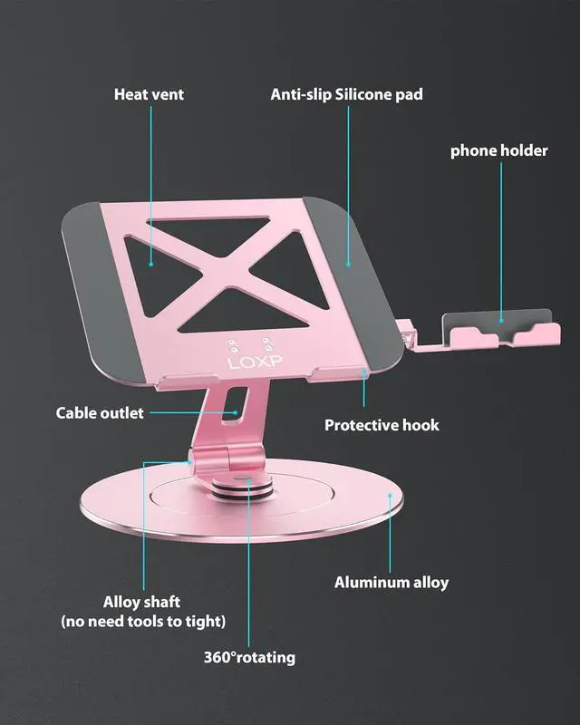 Alt view image 4 of 4 - Ultra-Stable Aluminumy Swivel Laptop Stand for Desk with Rotating Foldable Phone Holder, 300% Larger Base, Stylish Computer Stand for Women, Men Office, Fits 10-17.3" Laptops, Pink