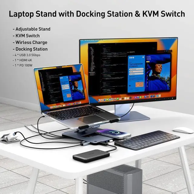 Alt view image 2 of 7 - BENFEI Laptop Stand with USB C 6in1 Docking Station, 15W Magnetic Wireless Charger, USB 3.0 KVM Switch, HDMI 4K@60Hz, 4*USB3.0, 100 PD Compatible with MacBook Pro/Air, iPad Pro, XPS, Thinkpad