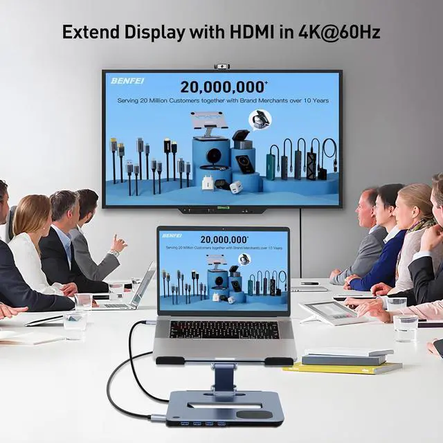Alt view image 4 of 7 - BENFEI Laptop Stand with USB C 6in1 Docking Station, 15W Magnetic Wireless Charger, USB 3.0 KVM Switch, HDMI 4K@60Hz, 4*USB3.0, 100 PD Compatible with MacBook Pro/Air, iPad Pro, XPS, Thinkpad