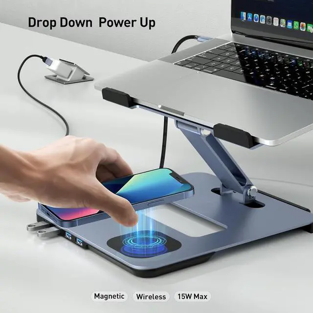 Alt view image 5 of 7 - BENFEI Laptop Stand with USB C 6in1 Docking Station, 15W Magnetic Wireless Charger, USB 3.0 KVM Switch, HDMI 4K@60Hz, 4*USB3.0, 100 PD Compatible with MacBook Pro/Air, iPad Pro, XPS, Thinkpad