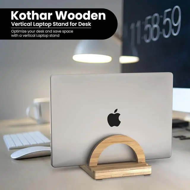 Alt view image 4 of 7 - Premium Wood Vertical Laptop Stand - Adjustable Single Slot Bamboo Holder for MacBook, Dell, HP, and More | Space-Saving Desktop Organizer | Eco-Friendly, Sleek & Durable Design