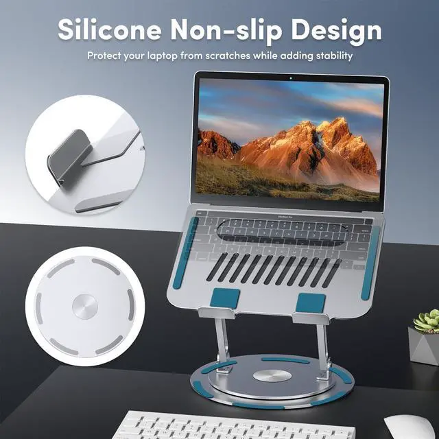 Alt view image 5 of 7 - Lifelong Adjustable Laptop Stand with 360° Rotating Base, Ergonomic Computer Stand for Desk, Foldable & Portable Laptop Riser Holder Fits All MacBook, Laptops 10-16 Inches, Silver