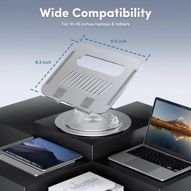 Alt view image 7 of 7 - Lifelong Adjustable Laptop Stand with 360° Rotating Base, Ergonomic Computer Stand for Desk, Foldable & Portable Laptop Riser Holder Fits All MacBook, Laptops 10-16 Inches, Silver