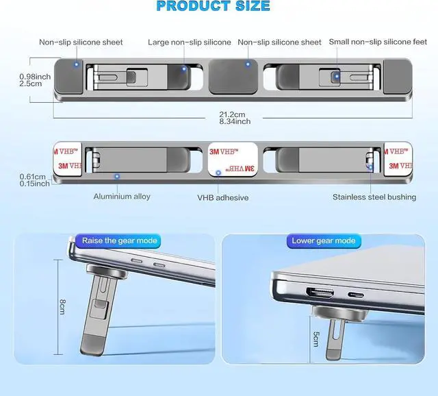 Alt view image 6 of 7 - Laptop Computer Stand Keyboard for Desktop Adhesive Laptop Stand Heat Dissipation, Aluminum alloy Keyboard foot Support pad Height, Be Suitable for With 10 to 17 inch Accessories (silver)