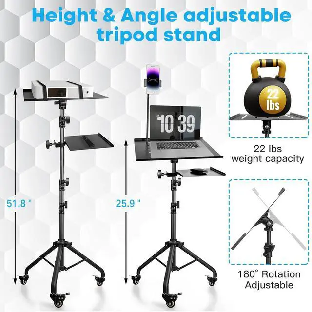 Alt view image 4 of 7 - Portable Laptop & Projector Stand with Phone Holder and Mouse Tray Adjustable Height Tripod Stand for Laptop, Projector, DJ, Sheet MusicBlack